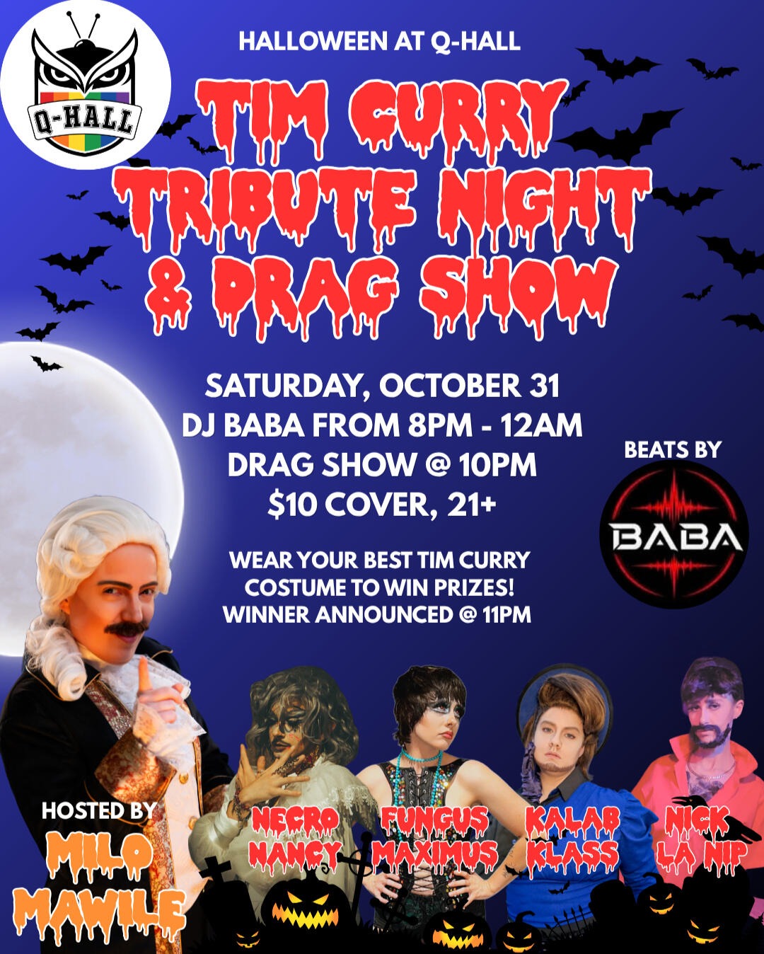 Advertisement for a Tim Curry tribute Halloween night celebration