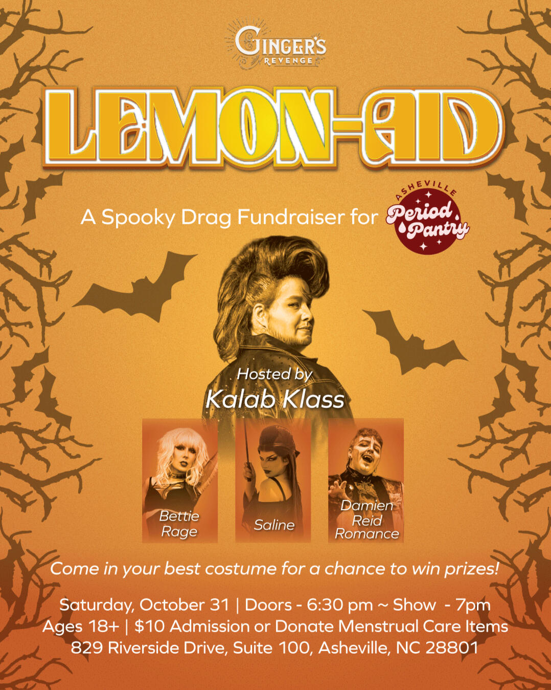 Lemon-Aid Advertisement for a spooky drag fundraiser for Asheville Period Pantry